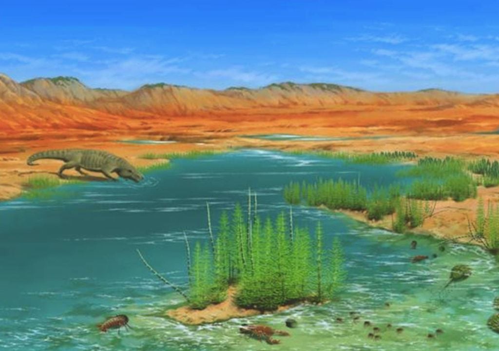 Reconstrução paleo-artística de uma cena do Triássico inicial tardio, mostrando uma planície de lama costeira para um ecossistema aluvial na Formação Heshanggou, Norte da China. Crédito: Mr J Sun (CC BY 4.0).