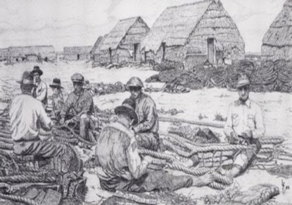 Pescadores algarvios consertam redes da almadrava, usadas tradicionalmente na pesca do atum. Fonte: SANTOS, Luís Filipe Rosa - A pesca do atum no Algarve. Loulé: s.n., 1989, p. 61.