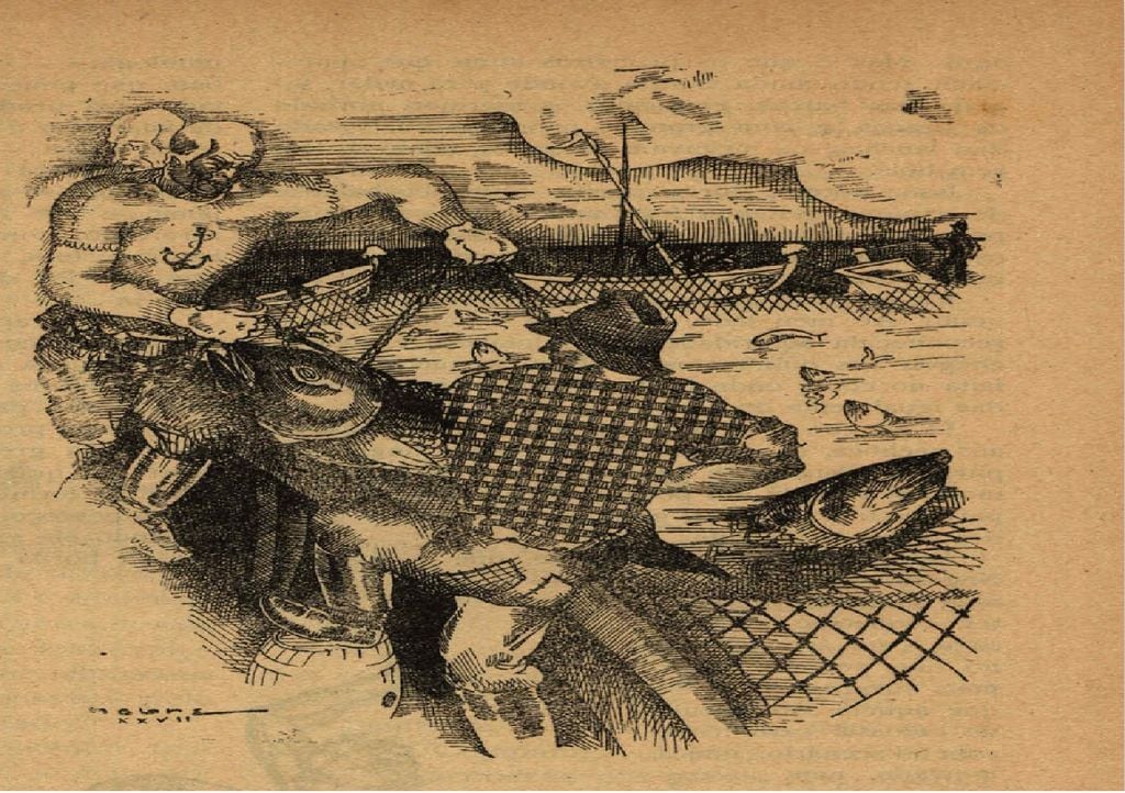 Reprodução do desenho retirado do artigo “Uma copejada de atum”, da autoria de Manuel Teixeira Gomes, publicado na revista Seara Nova, 1927