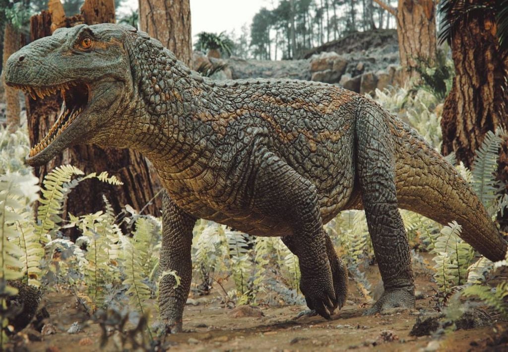 Representação artística retratando o Tainrakuasuchus bellator, a nova espécie réptil encontrada. Crédito: Caio Fantini.