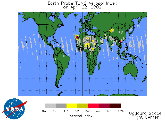 Imagen completa del día 22 de abril del 2002 tomada por los TOMS. Las máximas concentraciones de aerosoles (en este caso polvo) se daban en la zona de las Islas Canarias.