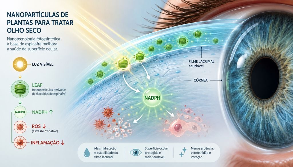 Infografia mostra como nanopartículas derivadas de estruturas fotossintéticas podem usar luz visível para produzir NADPH, reduzir o estresse oxidativo e aliviar sinais inflamatórios associados ao olho seco em testes experimentais.