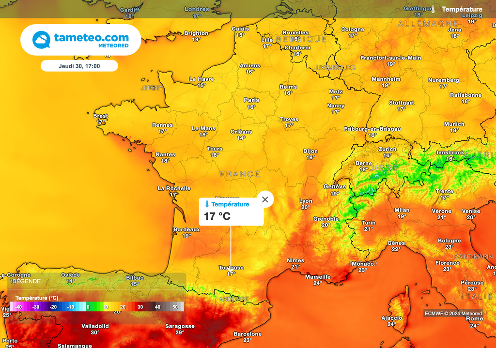 Températures très nettement inférieures aux normales de saison ce jeudi après-midi en France. Températures très nettement inférieures aux normales de saison ce jeudi après-midi en France.