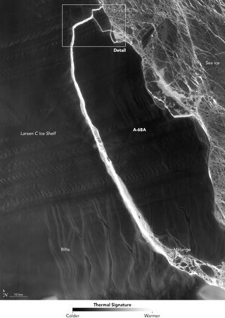 Fractura del iceberg A-68 en la noche polar