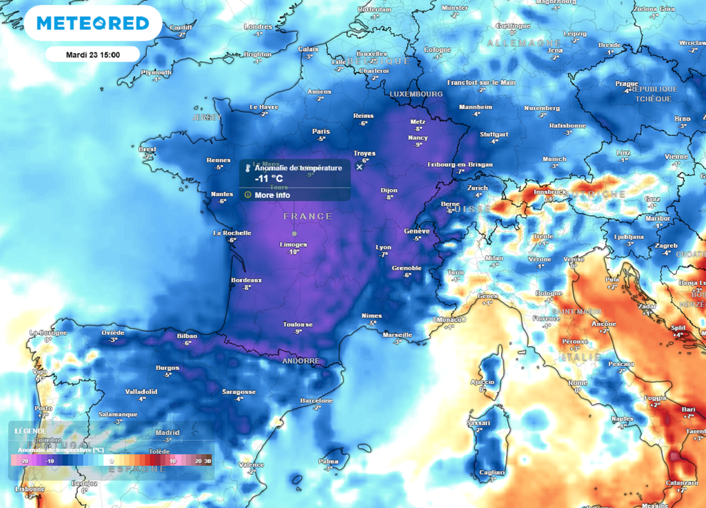 Ce mardi, les valeurs étaient situées jusqu'à 11°C en dessous des normales de saison.