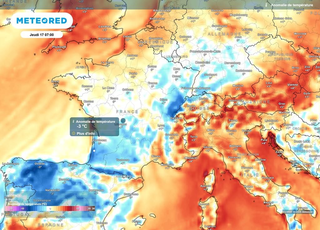 Anomalie de températures jeudi matin En-dehors du Nord-Ouest et du Sud-Est, les températures seront un peu fraîches ce jeudi matin, souvent 1 à 3°C sous les moyennes de saison.