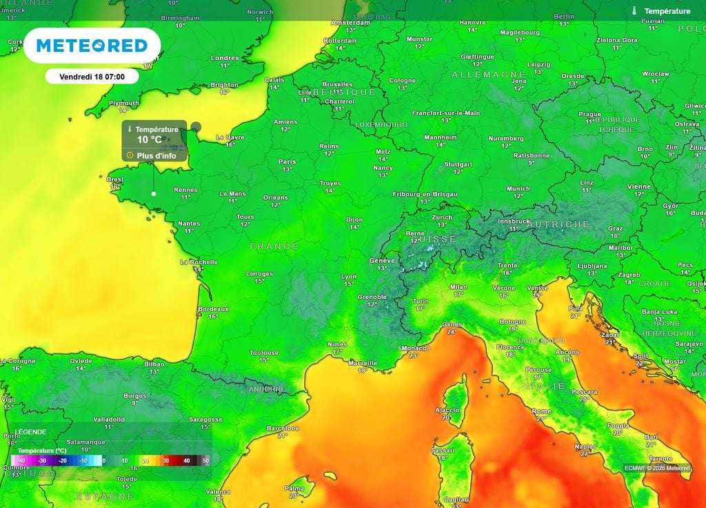 Températures vendredi matin Vendredi matin, ce sont les régions du Nord-Ouest qui retrouveront des sensations plus fraîches au réveil, avec des valeurs proches des 10°C.
