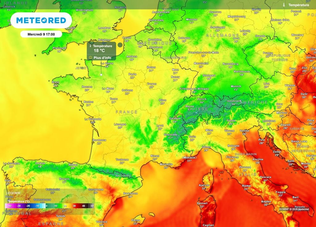 Températures mercredi après-midi Mercredi après-midi, les températures ne dépasseront plus les 25°C que des côtes provençales au comté niçois et à la Corse.