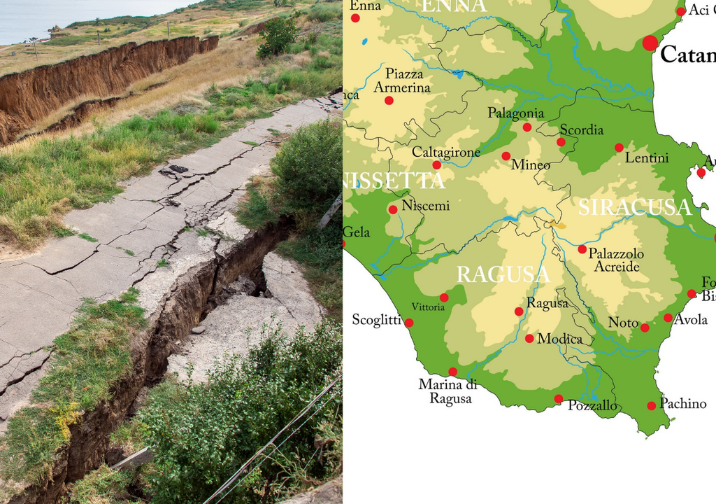 Una enorme frana sta interessando Niscemi, in Sicilia. Nella foto, l'area geografica coinvolta e una foto d'archivio (non corrisponde alla frana in corso).