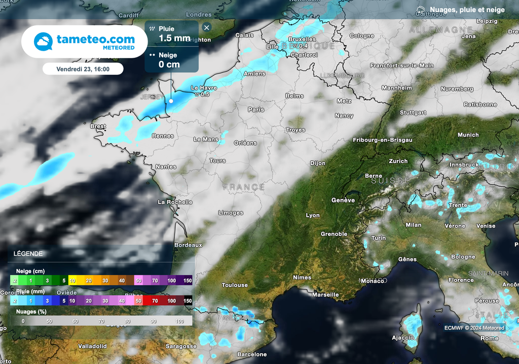 Météo pluvieuse le long de la Manche vendredi après-midi.