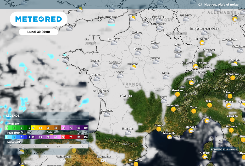 Nombreux brouillards et nuages bas en France.