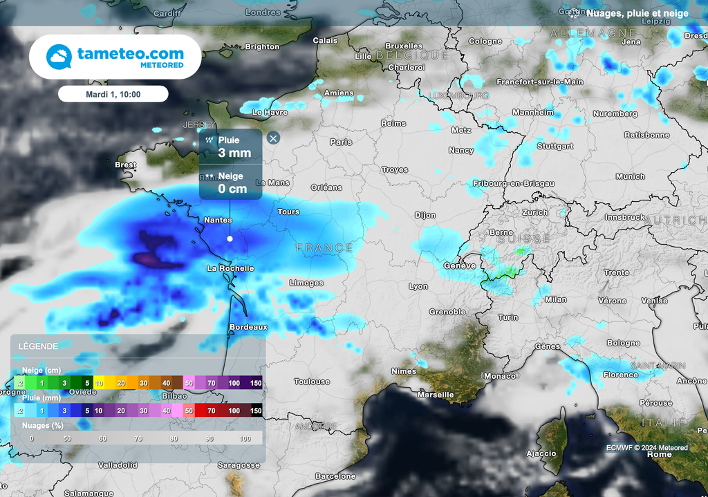 Météo pluvieuse ce matin entre les Pays de la Loire et la région Poitou-Charentes.