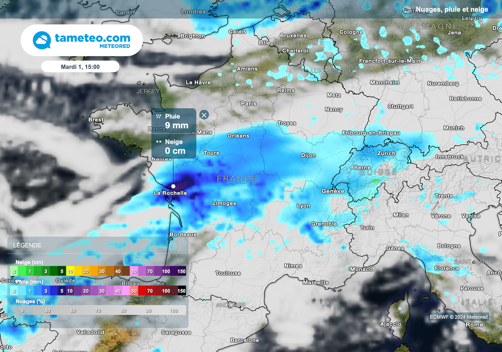 Des pluies parfois soutenues attendues sur une bande centrale de la France cet après-midi.
