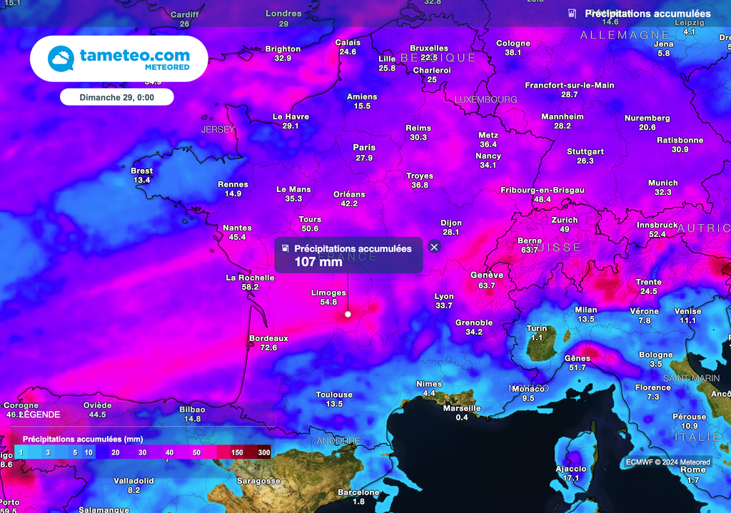 Près de 100 litres d'eau au mètre carré attendus localement en France au cours des 24 prochaines heures.