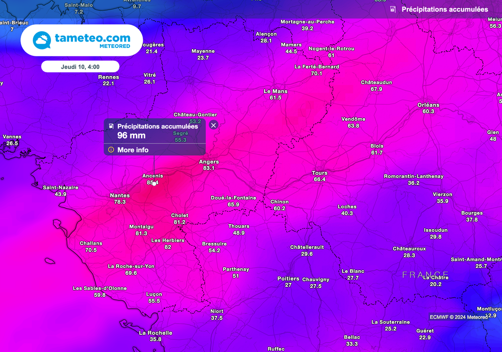 Les cumuls de pluie pourraient approcher les 100 litres d'eau par mètre carré dans le centre-ouest de la France.