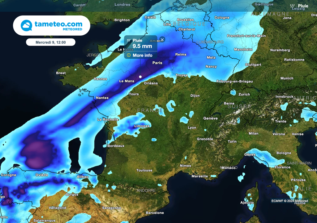 Fortes pluies entre Nantes et Paris en fin de matinée.