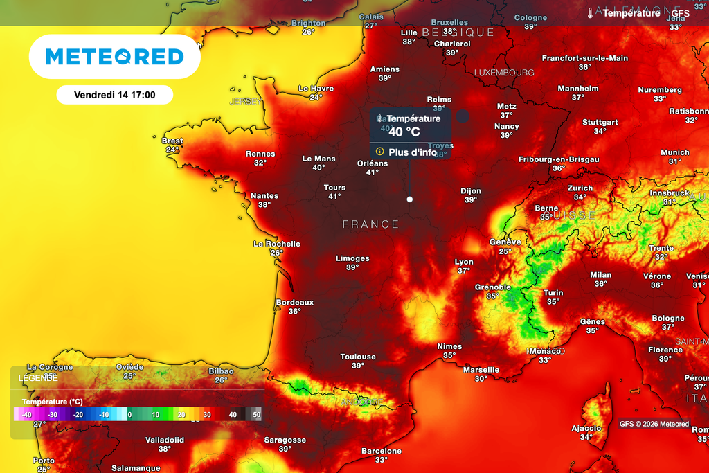 Températures prévues vendredi après-midi selon le modèle américain. Températures prévues vendredi après-midi selon le modèle américain.