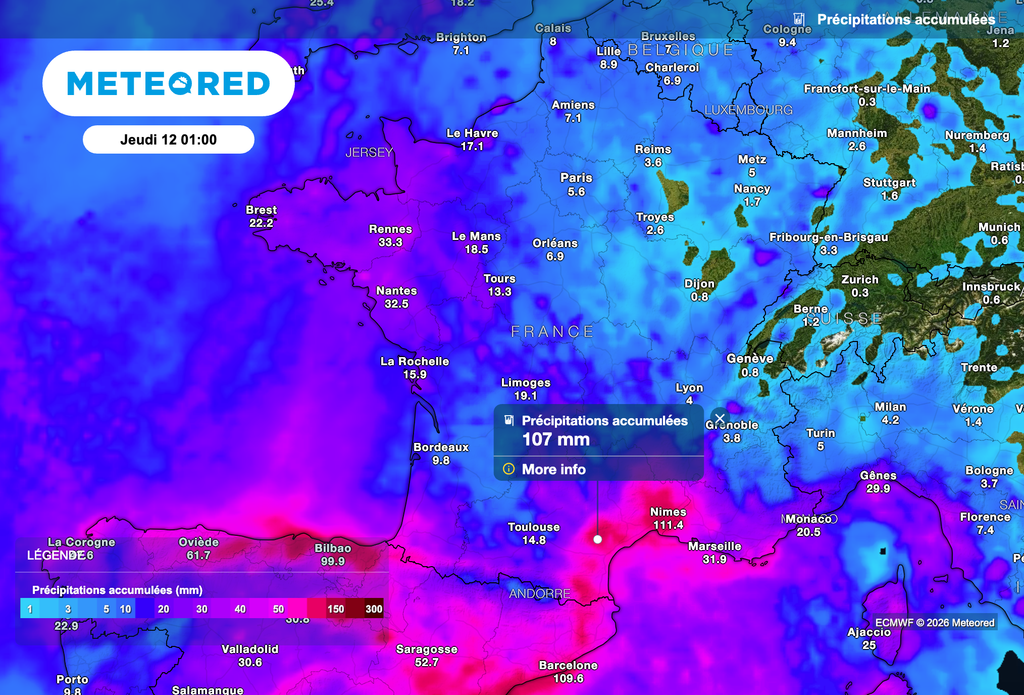 Cumuls de pluie attendus d'ici jeudi prochain en France. Source : modèle européen