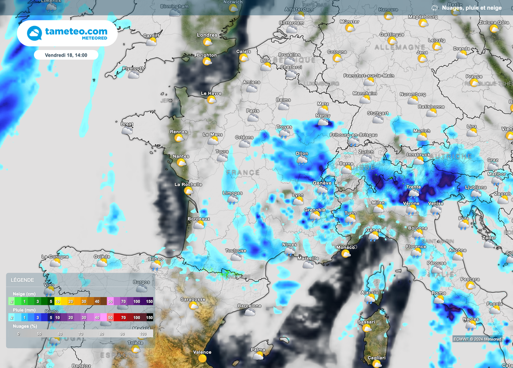 D'ici l'après-midi, les précipitations persisteront sur la moitié est du pays. Plus discrètes sur la moitié ouest. D'ici l'après-midi, les précipitations persisteront sur la moitié est du pays. Plus discrètes sur la moitié ouest.
