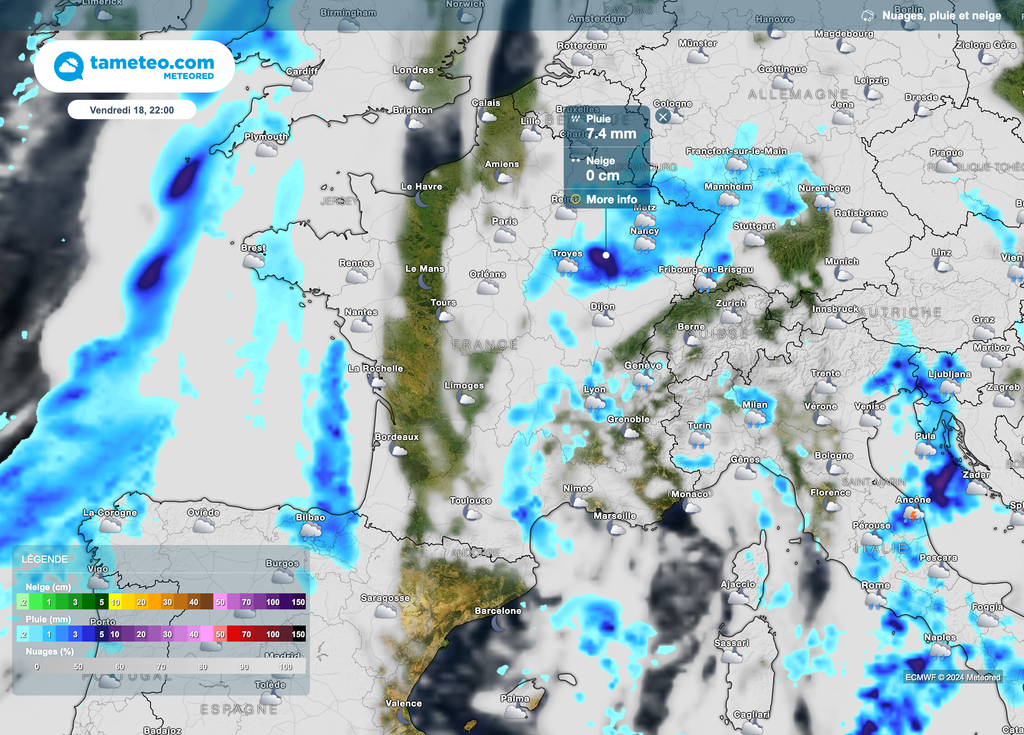 Une zone potentiellement très pluvieuse est à prévoir d'ici ce soir et cette nuit sur le quart nord-est. Une zone potentiellement très pluvieuse est à prévoir d'ici ce soir et cette nuit sur le quart nord-est.