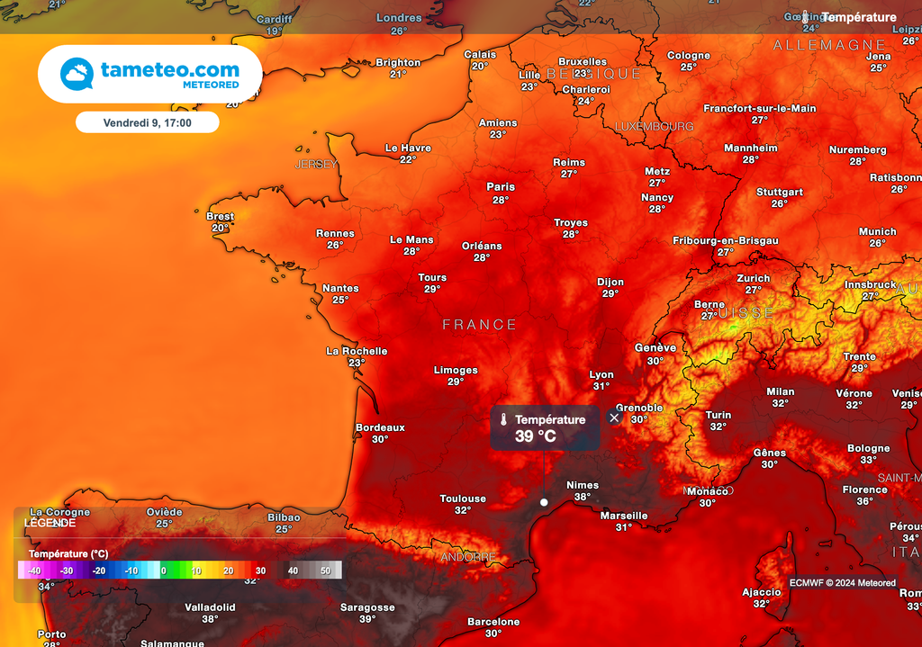 Des pointes à près de 40 degrés attendues dans le sud-est de la France vendredi après-midi.
