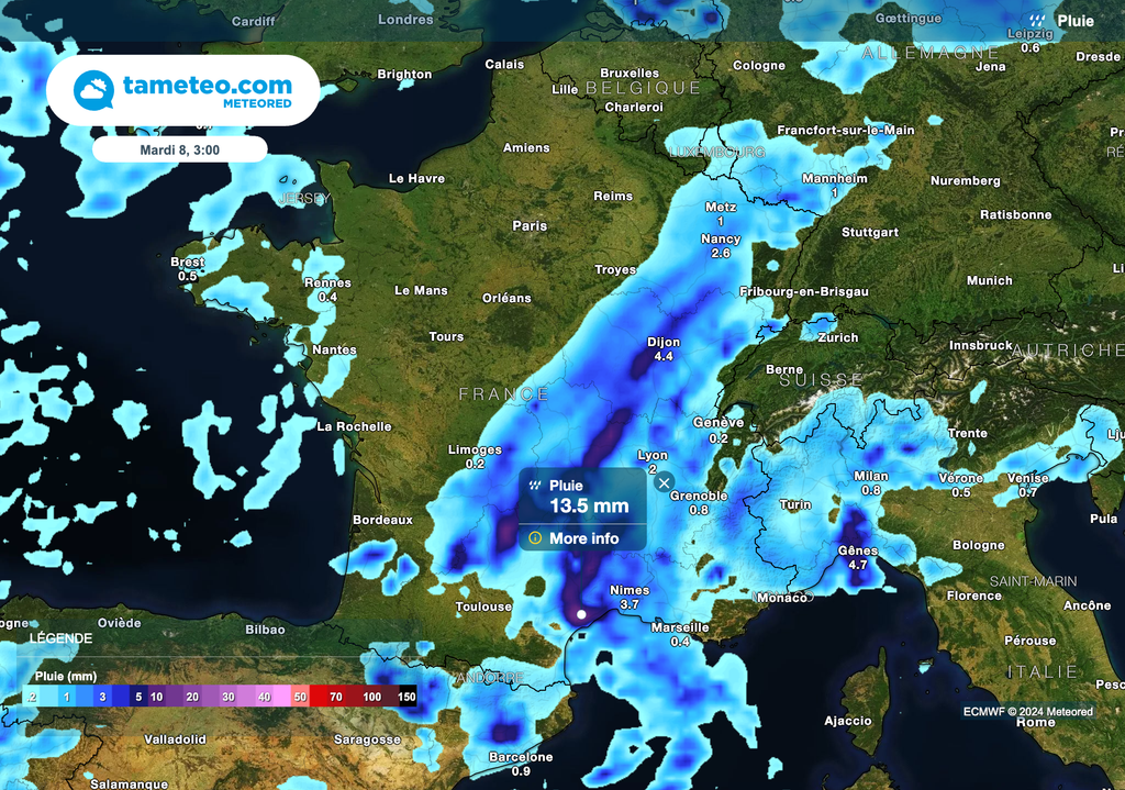 Situation prévue en milieu de nuit prochaine à 3 heures. Situation prévue en milieu de nuit prochaine à 3 heures.