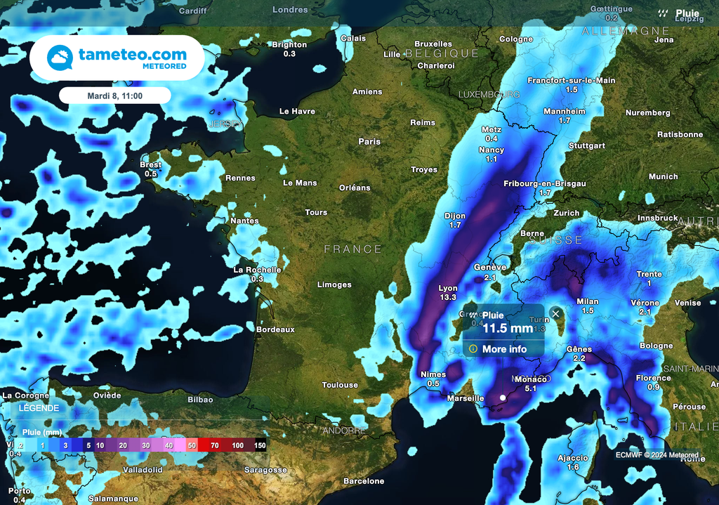 Situation prévue en fin de matinée de mardi (à 11 heures). Situation prévue en fin de matinée de mardi (à 11 heures).
