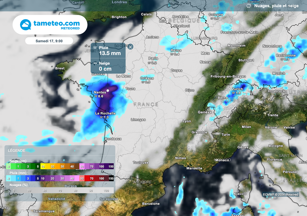 Arrivée de pluies soutenues par le centre-ouest de la France.