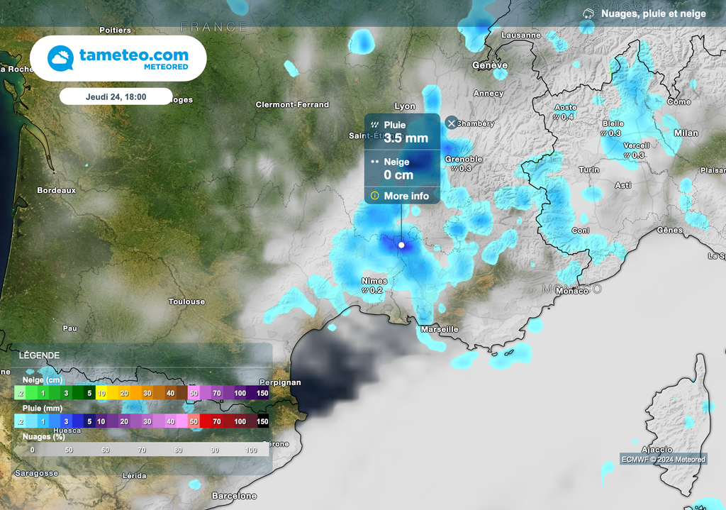 Renforcement des précipitations des jeudi soir dans le sud-est de la France.