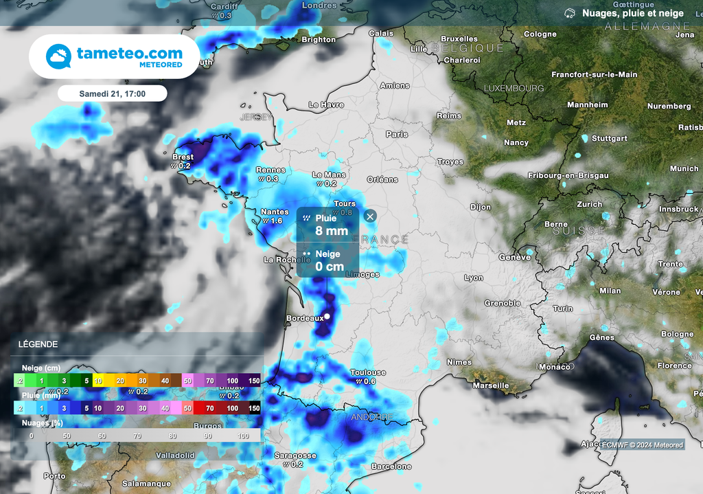 Nombreuses averses orageuses ce samedi après-midi dans l'ouest pouvant apporter d'importantes précipitations.