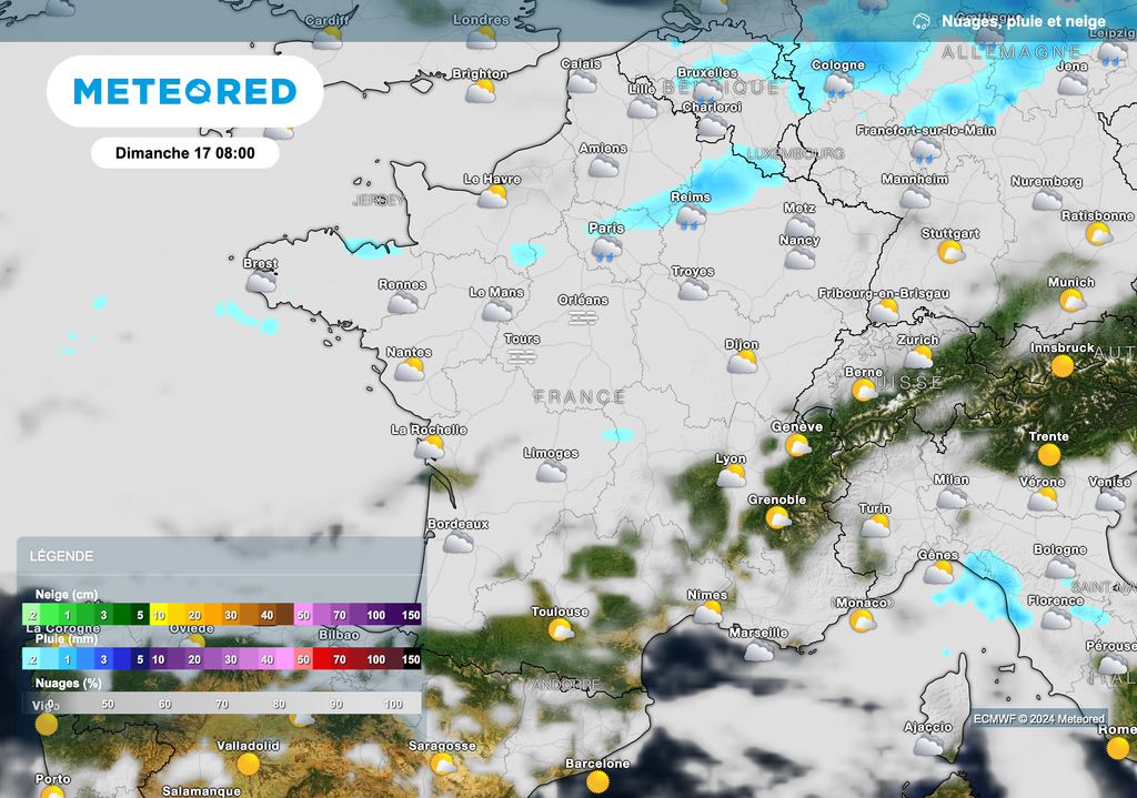 Une perturbation apporte des pluies faibles sur le nord du pays.