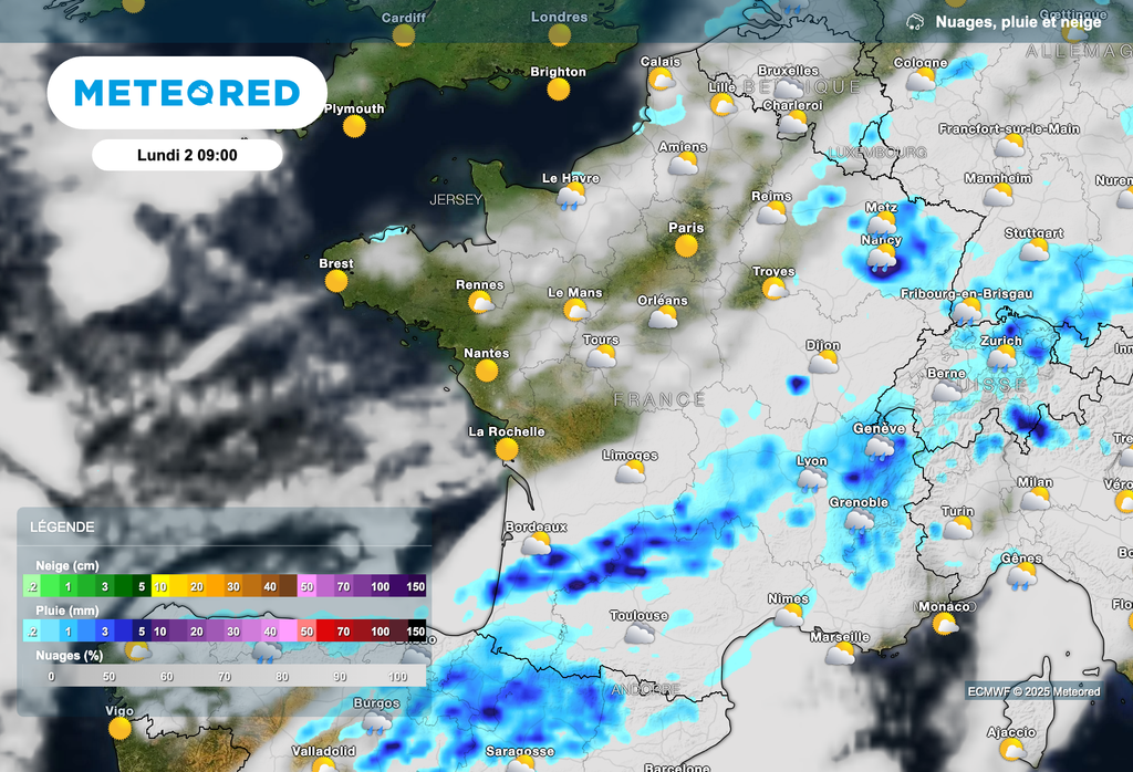 Précipitations parfois orageuses ce matin entre le sud-ouest et le nord-est.