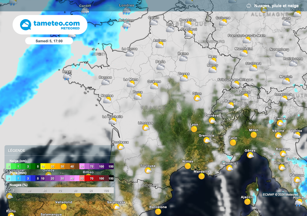 Quelques pluies de retour samedi à la mi-journée entre la Bretagne et le Cotentin. Quelques pluies de retour samedi à la mi-journée entre la Bretagne et le Cotentin.
