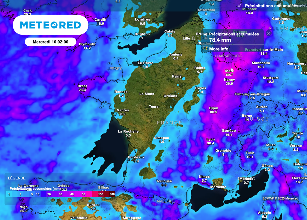 D'importants cumuls de pluie attendus dans le nord-est de la France. D'importants cumuls de pluie attendus dans le nord-est de la France.
