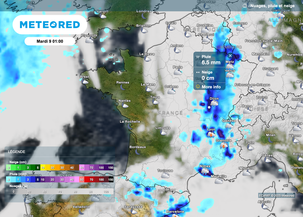 Pluies parfois soutenues cette nuit entre le centre-est et le nord-est. Pluies parfois soutenues cette nuit entre le centre-est et le nord-est.