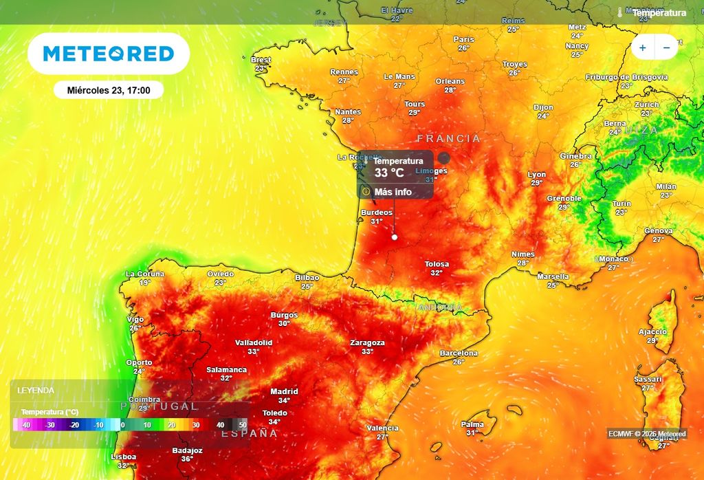 El modelo europeo prevé temperaturas de entre 30 y 35 °C en Francia el miércoles 23 de septiembre.
