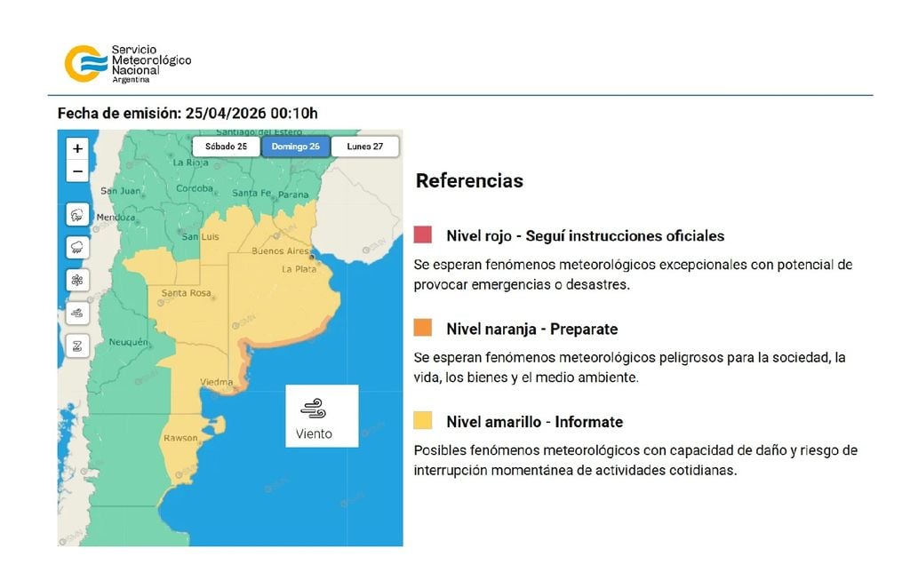 Alerta por viento amarilla y naranja emitida por el SMN. Fuente: SMN