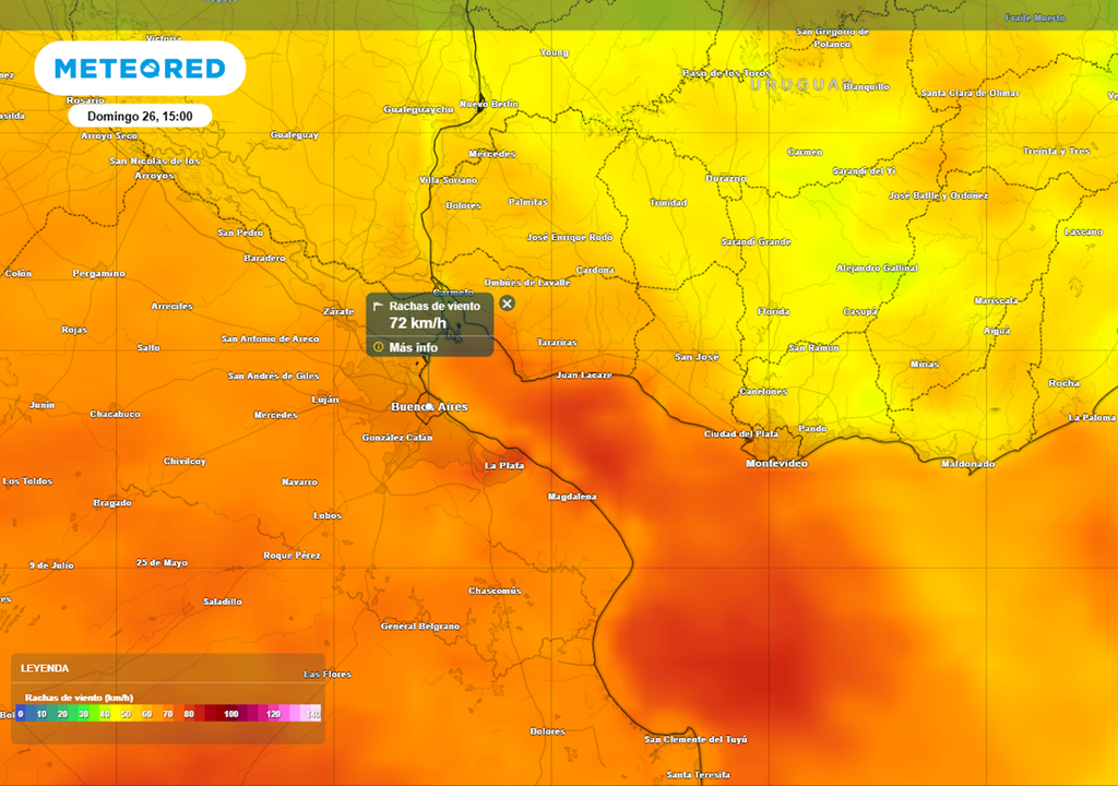 Ráfagas de viento del sudoeste provenientes del ciclón según el modelo ECMWF, para el domingo 26 a las 15 HOA. Créditos: ECMWF