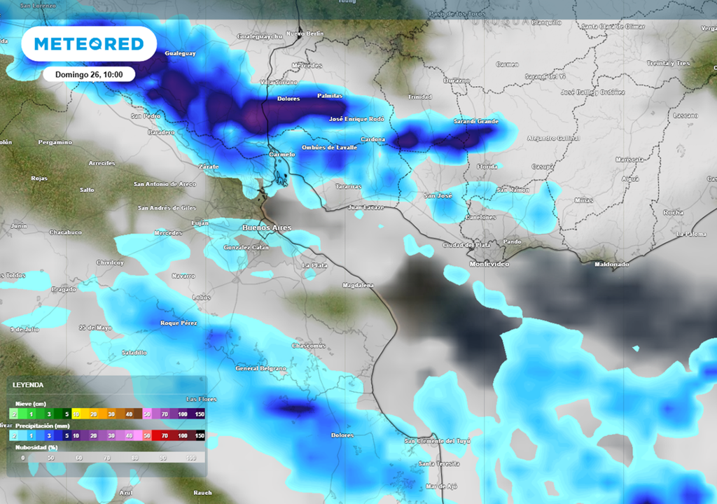 Nubosidad y precipitación simuladas según el modelo ECMWF, para el domingo 26 a las 10 am. Créditos: ECMWF