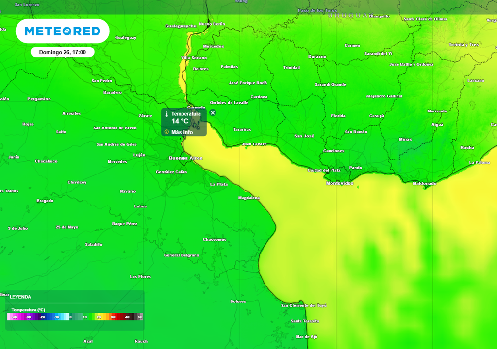 Temperatura según ECMWF para el domingo a las 17 HOA, sin embargo las fuertes ráfagas a esa hora dejará una ST menor, mientras seguirá desplomándose la temperatura. Créditos: ECMWF