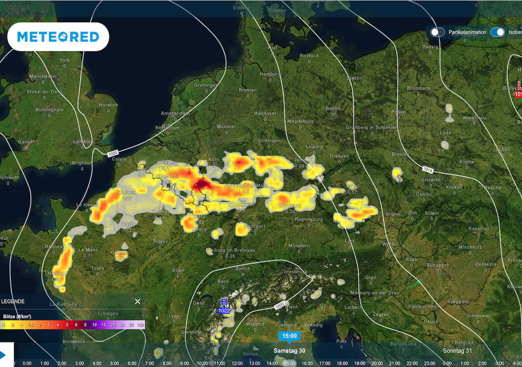 Samstag, Hessen, Gewitterlage Am Samstag wird es ab mittags brenzlig in Hessen. Die Wetterlage kippt vom Schönwetter- zur Gewitterlage.