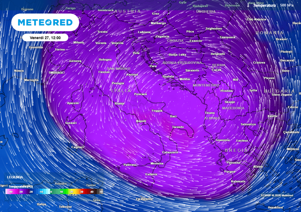 Maltempo, freddo. Il vasto vortice freddo che si isolerà sui mari attorno l'Italia nella giornata di venerdì 27 marzo.