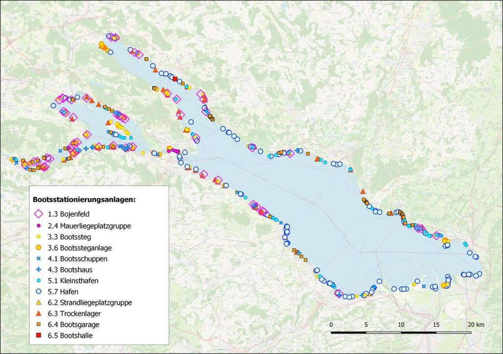 Räumliche Verteilung der Bootsstationierungsanlagen am Bodensee.