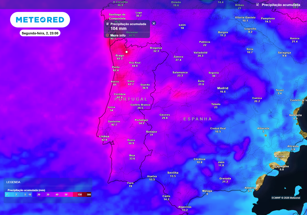 Os tons de rosa intenso assinalam acumulados de precipitação muito elevados até segunda-feira à noite, com destaque para o noroeste de Portugal, onde os valores podem ultrapassar 80–100 mm.
