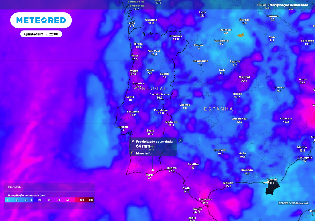 Mapa atmosférico: Precipitação acumulada Acumulados totais entre segunda e sexta-feira mais expressivos no Algarve (40–60 mm localmente). Costa Norte e Centro também apresentam valores relevantes.