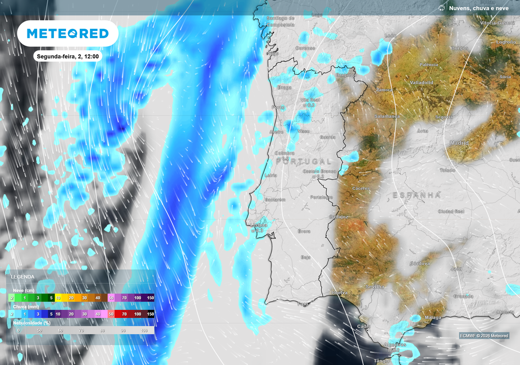 Mapa atmosférico: chuva Frente fria atlântica aproxima-se do território com chuva pré-frontal fraca no litoral. A entrada de ar frio em altitude favorece a formação de uma gota fria a sul da Península Ibérica.