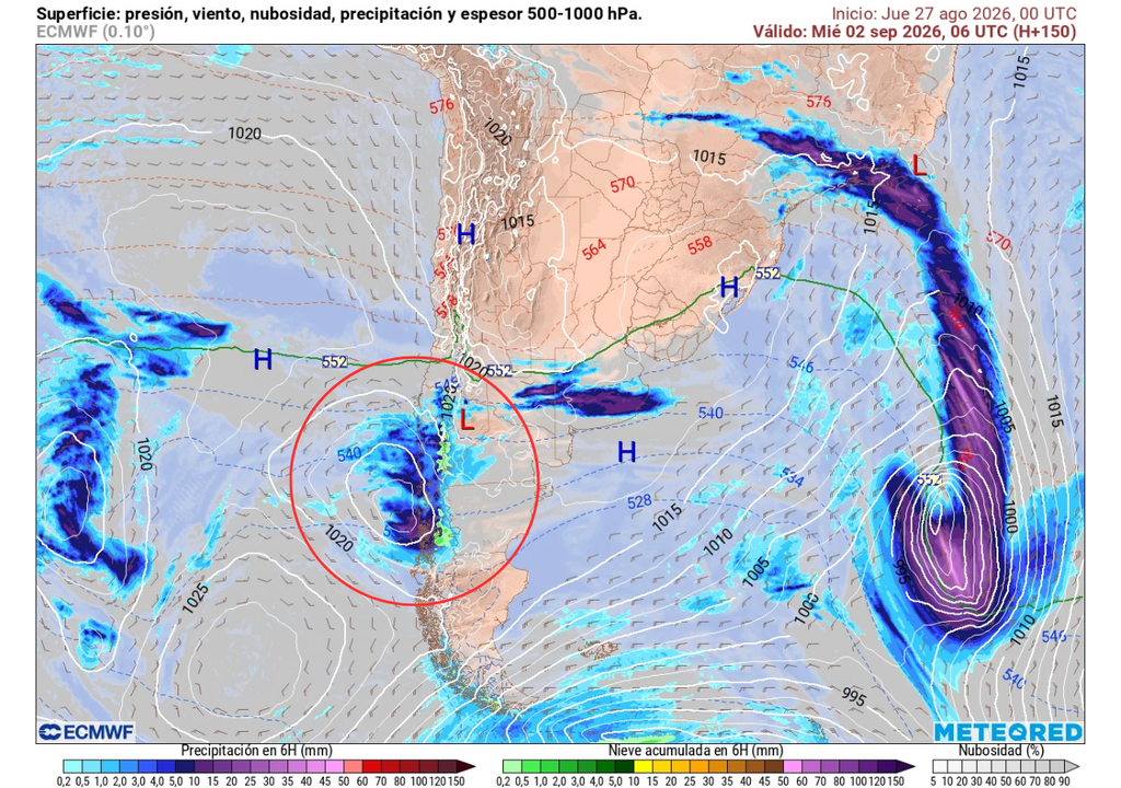 Hasta 3 sistemas frontales para la próxima semana en Chile centro-sur Precipitación (mm) para la madrugada del miércoles (02) en Chile centro-sur (círculo rojo).