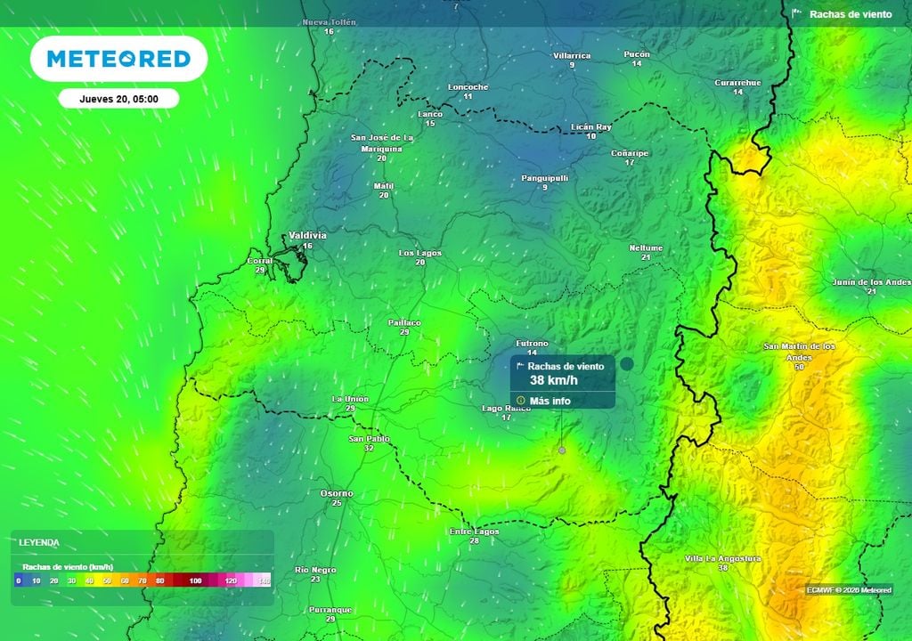 Rachas de viento (km/h) para la madrugada del jueves (20) en la Región de Los Ríos.