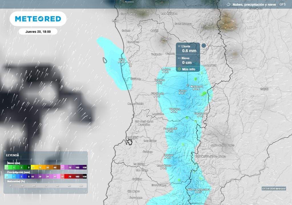 Precipitación (mm) para la tarde del jueves (20) en las regiones de La Araucanía y Los Ríos.