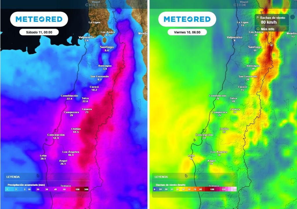 Las precipitaciones y los vientos intensos serán peligrosos en sectores precodilleranos de la zona central.